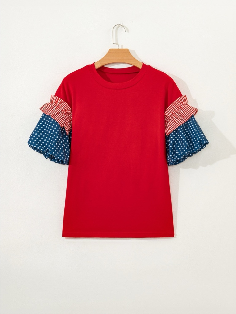Stars & Stripes Ruffle Sleeve Women's Top in Red - Picture 7 of 9